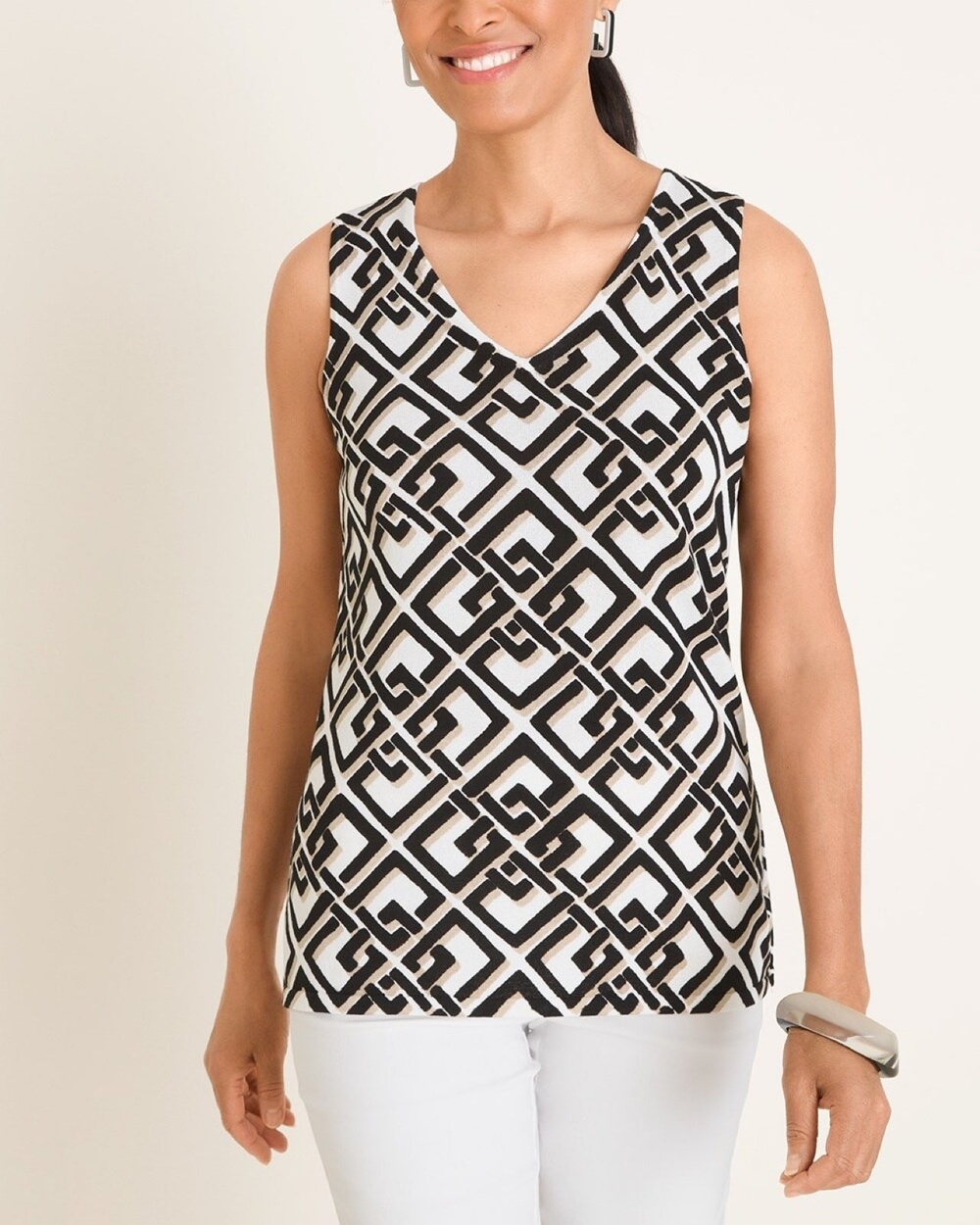 Chicos Neutral Black Tan Geometric Sweater Tank Size Large